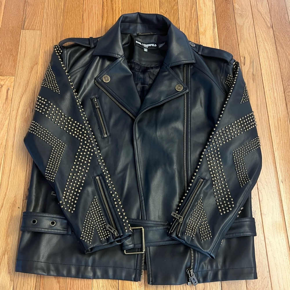 Karl Lagerfeld Vegan leather gold studded Moto Jacket. Worn Once.